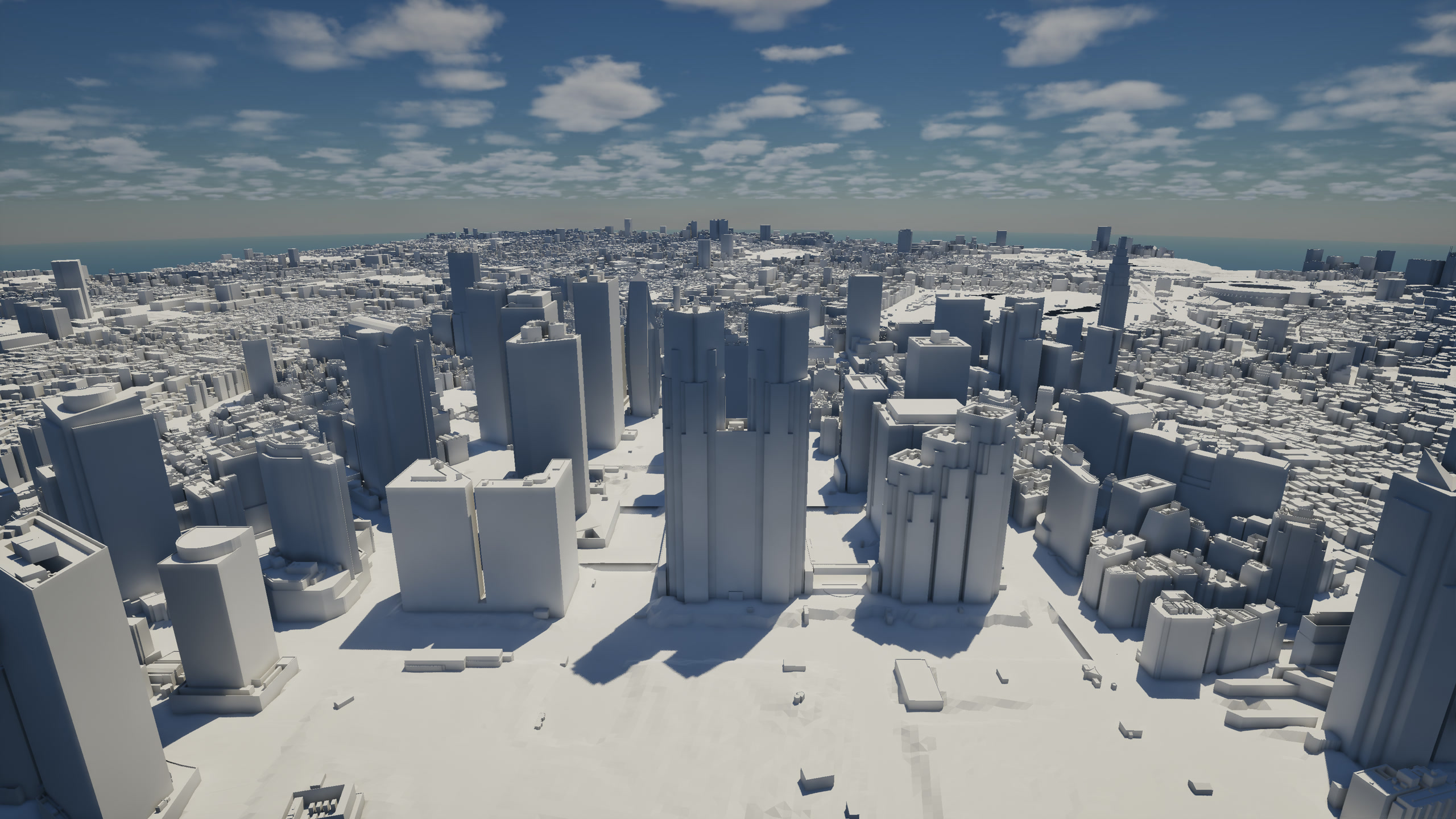 An aerial view of white Shinjuku and the Tokyo Metropolitan Government Building, with the game HUD hidden.