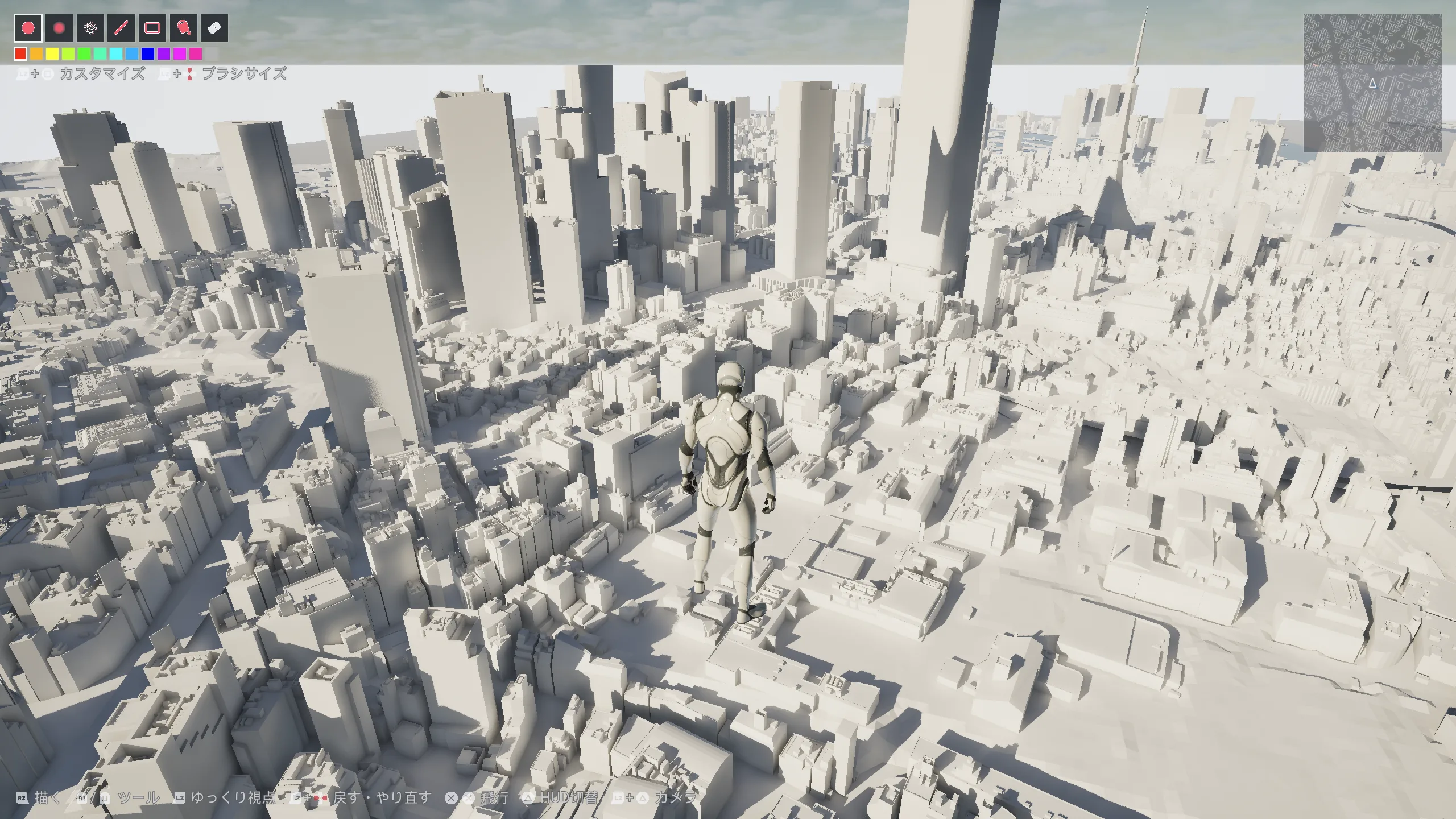 東京の3D都市モデル上空をプレイヤーが自由に飛んでいる。