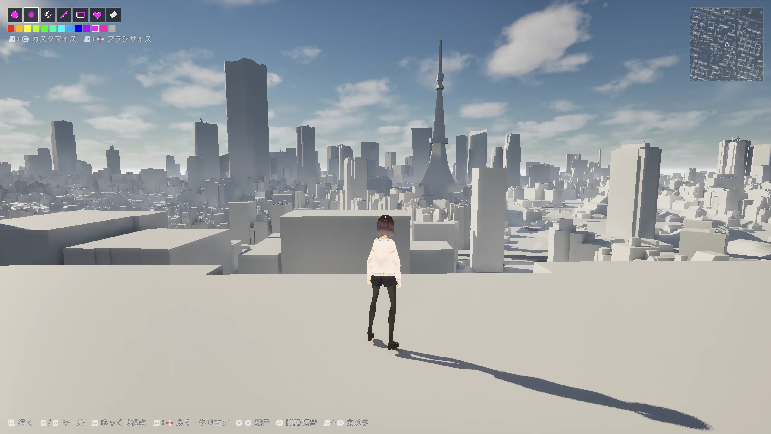VRMアバターの後ろ姿と東京の街並みを同時に見る3人称カメラ。