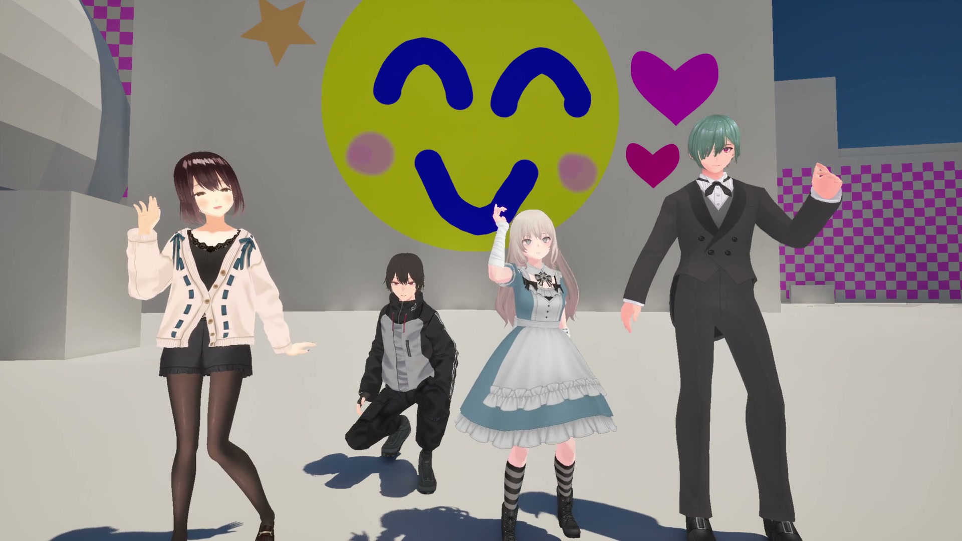 Four characters gather in front of a smiling mural in Shinjuku.