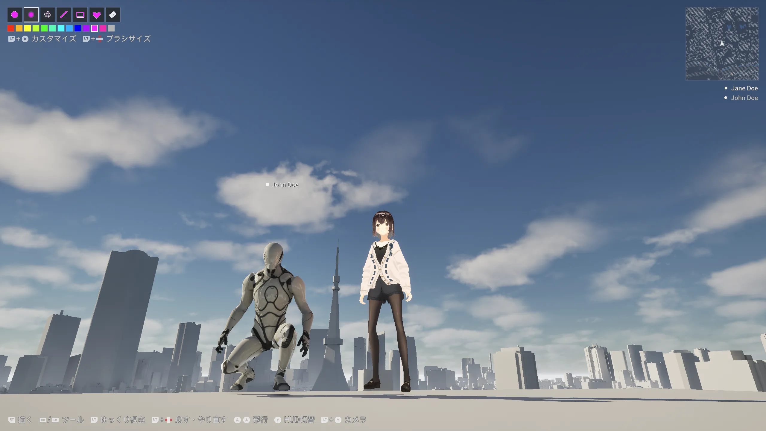 東京タワーを背景に、VRMアバターと組み込みアバターの2人が一緒にいるマルチプレイ画面。