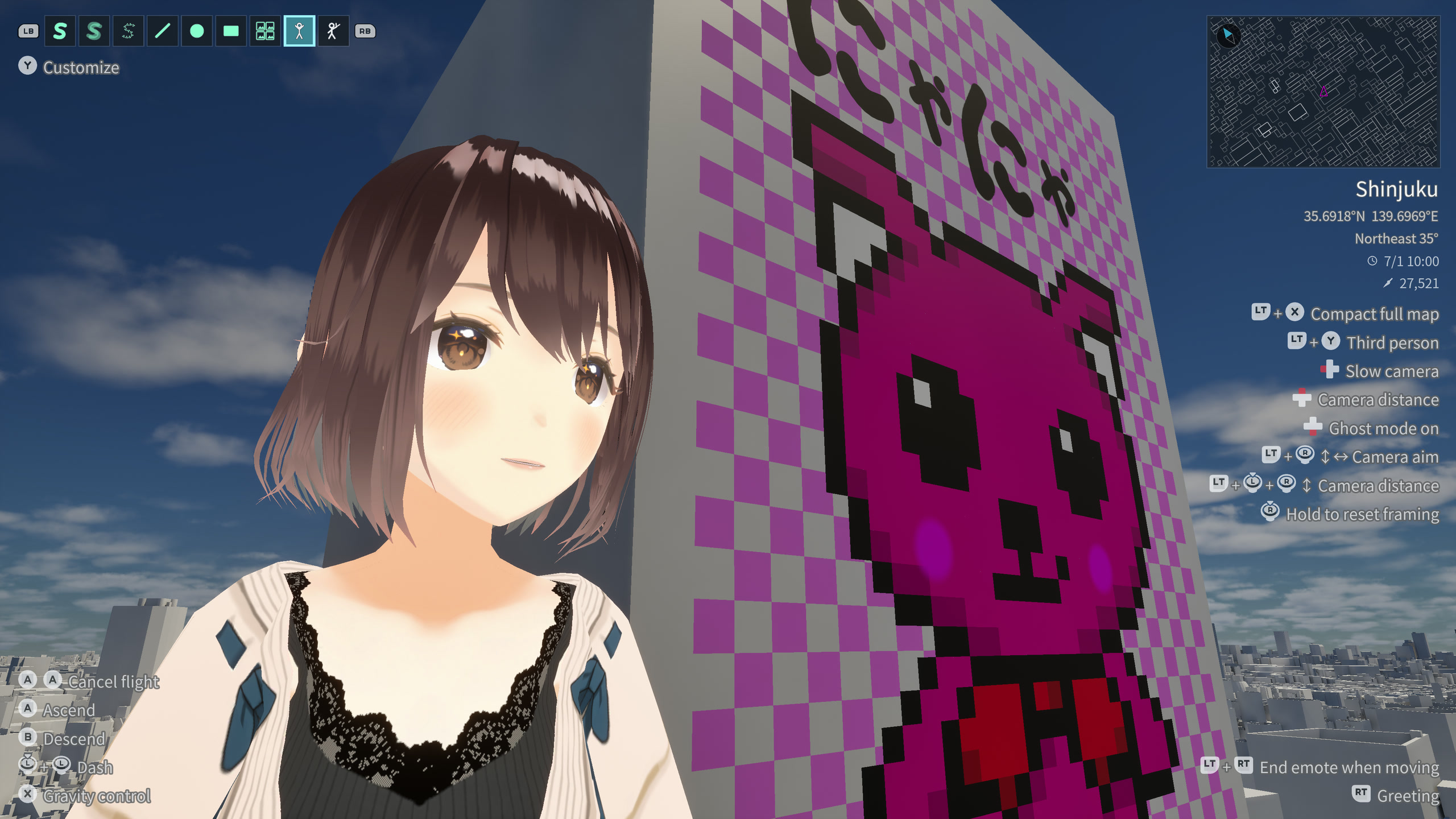 A Theater camera frames the character’s face and a cat mural together, like a selfie.