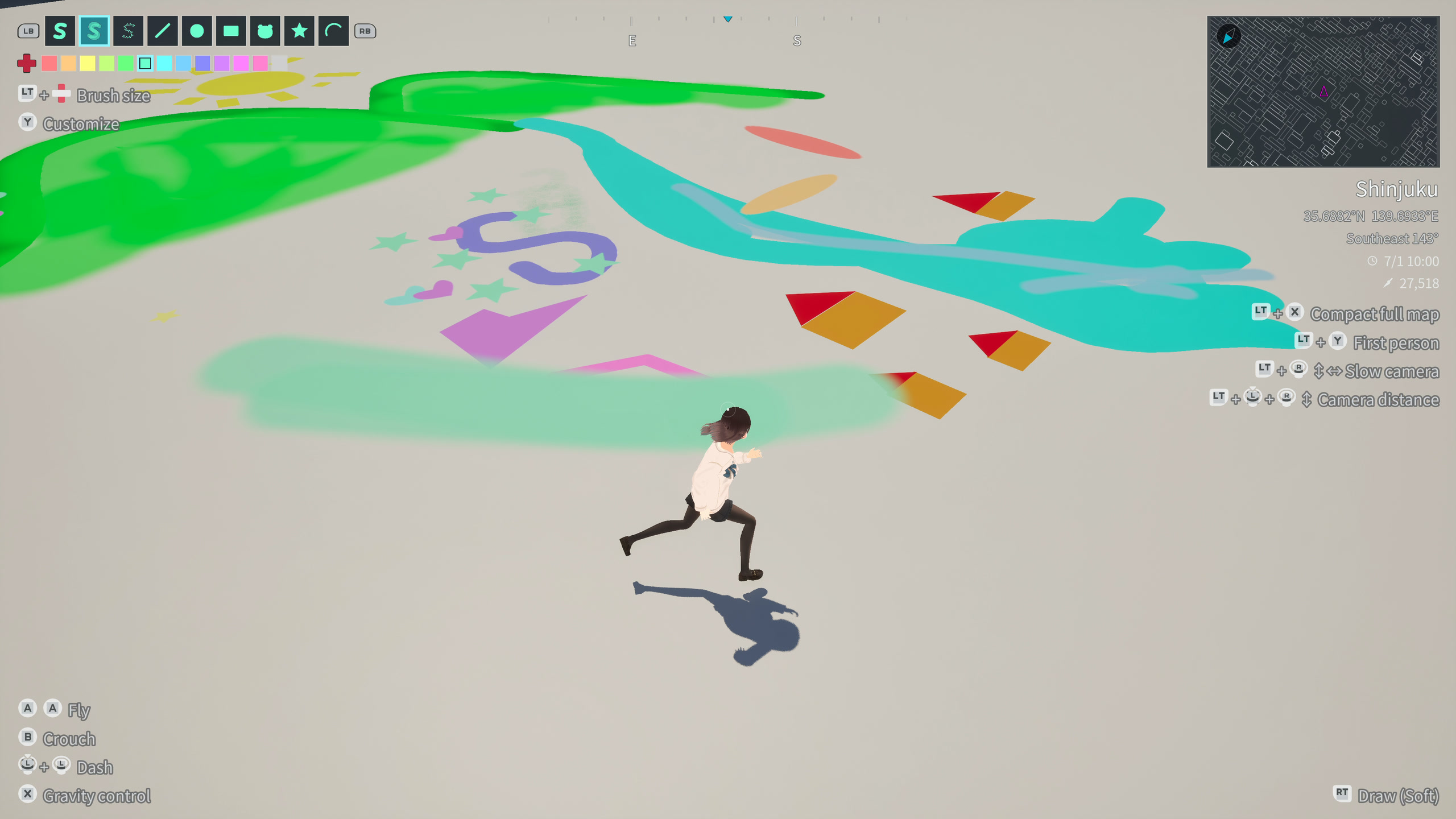 A character runs across a rooftop covered in lines, shapes, stars, hearts, and soft brush strokes.
