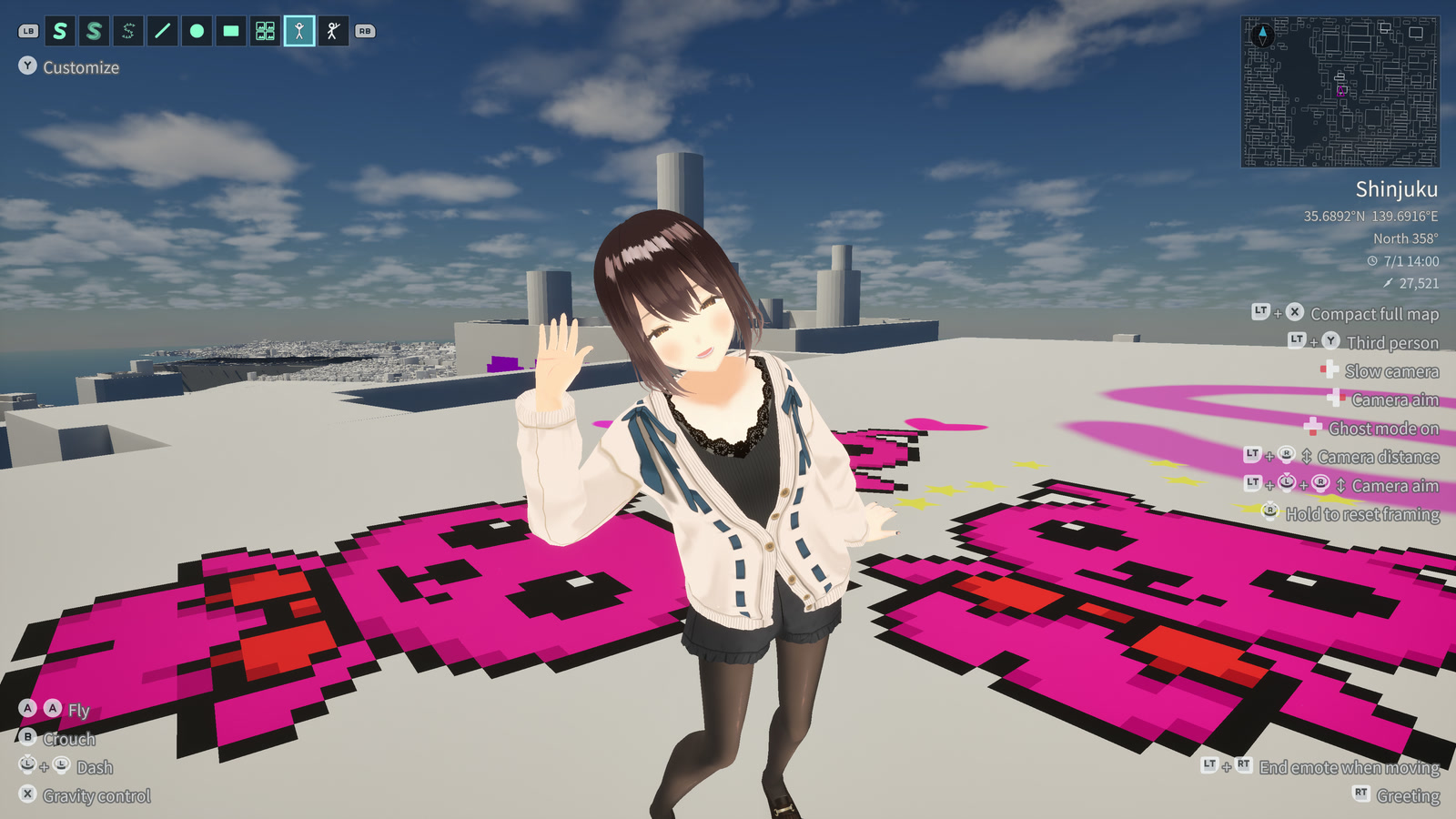 A smiling character waves on a rooftop decorated with cat pictures.