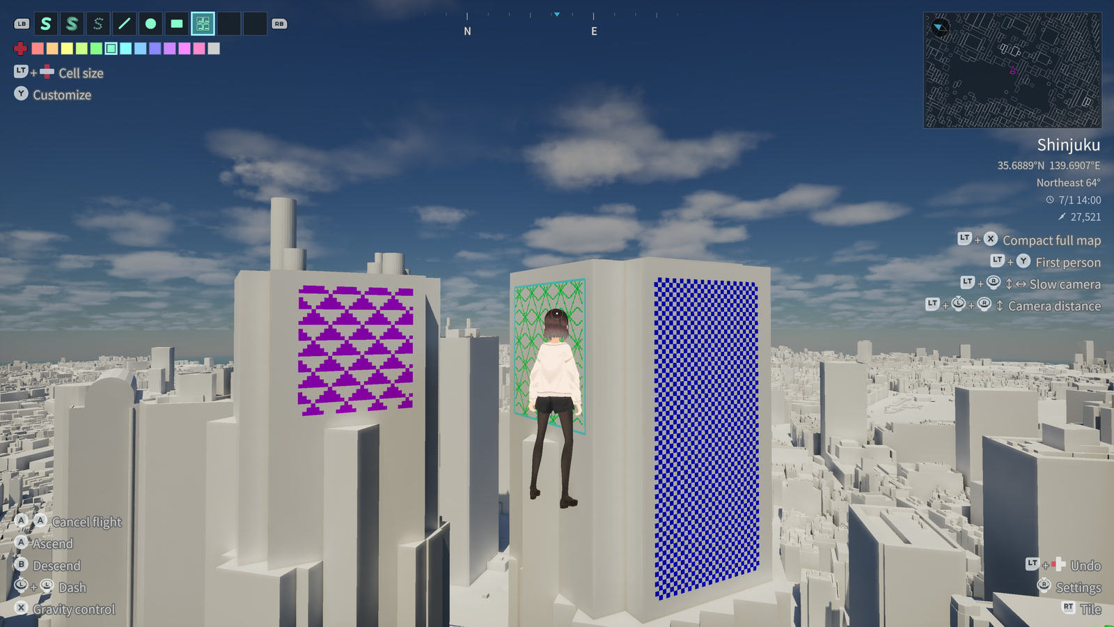 The image tile tool covers white building walls with blue checks and purple and green patterns.