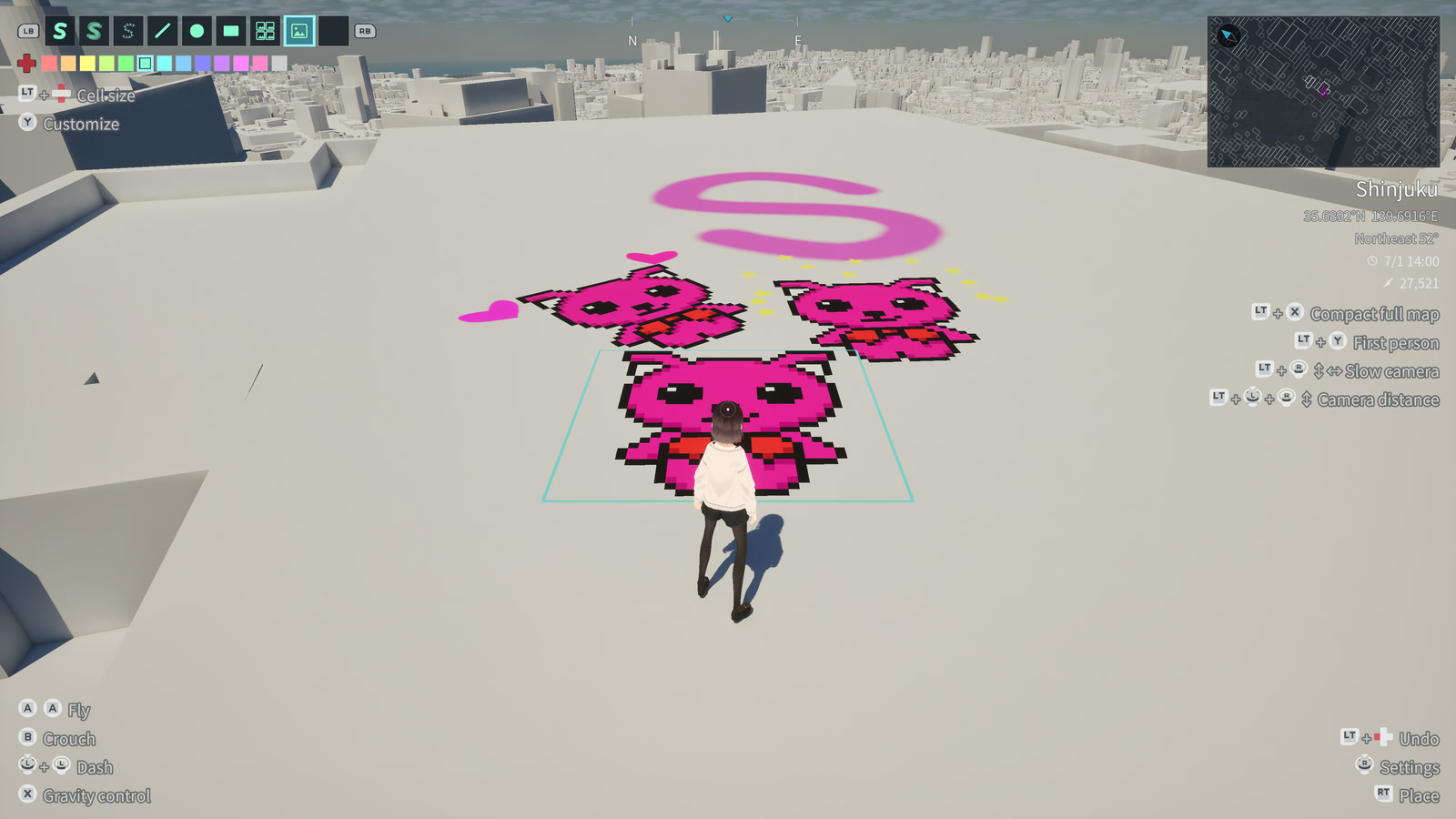The image tool places cat pictures at different angles on a rooftop, with hearts and stars added around them.