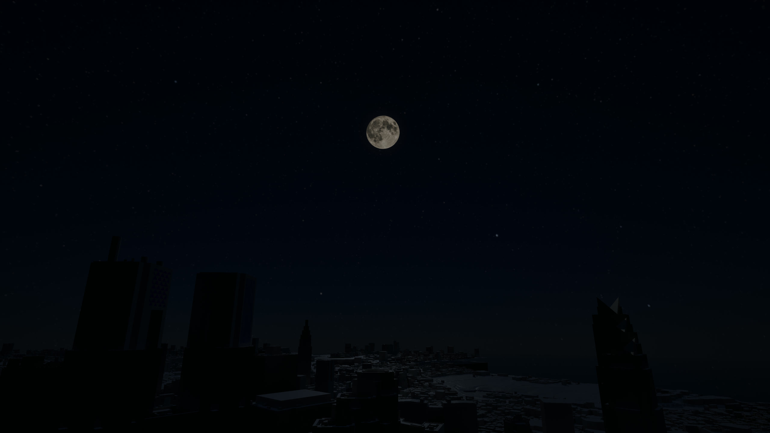 The moon and stars above Shinjuku’s silhouetted buildings, with the game HUD hidden.
