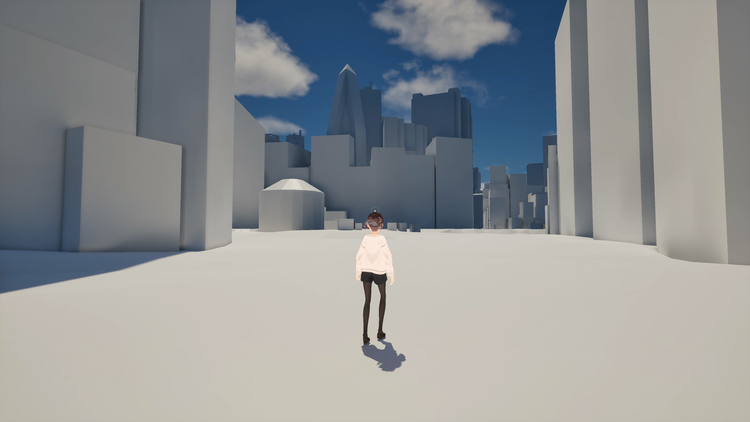 A third-person view of a player walking between Tokyo Canvas’s high-rise buildings.